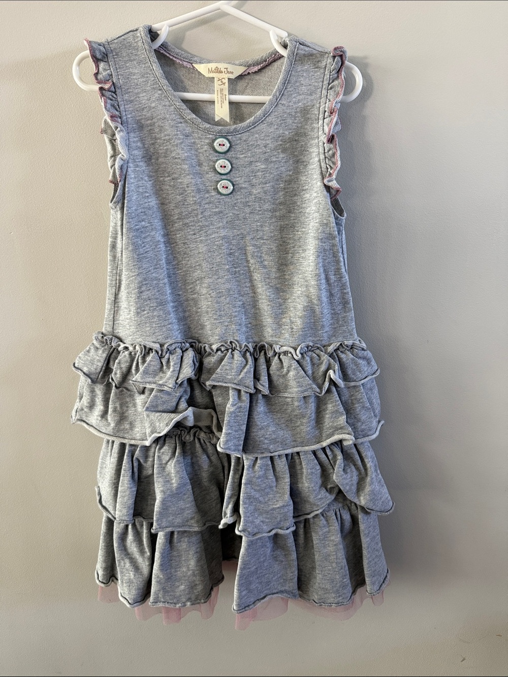 Matilda Jane Gray Ruffle Tier Dress with Pink Trim